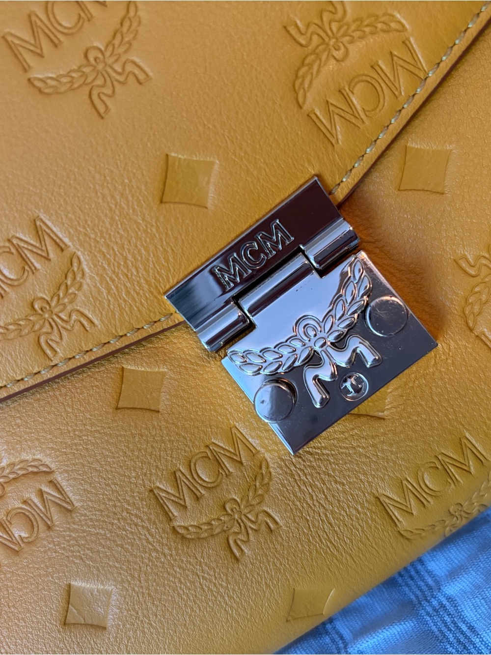 MCM Embossed Leather Envelope Clutch in Mustard - Picture 11 of 14